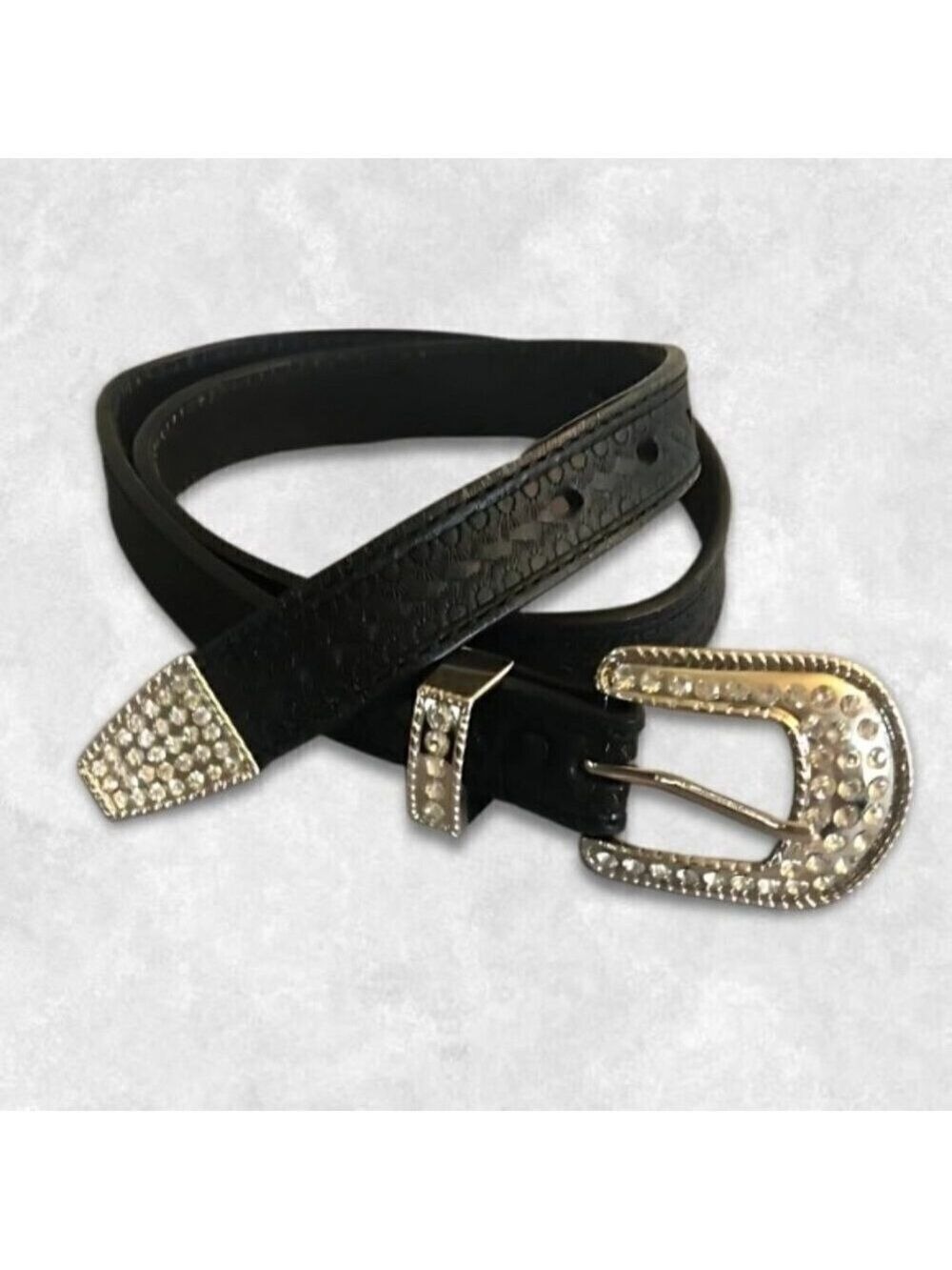 Roper Western Belt Embossed Leather Clear Rhinestones Buckle Black W Medium 37
